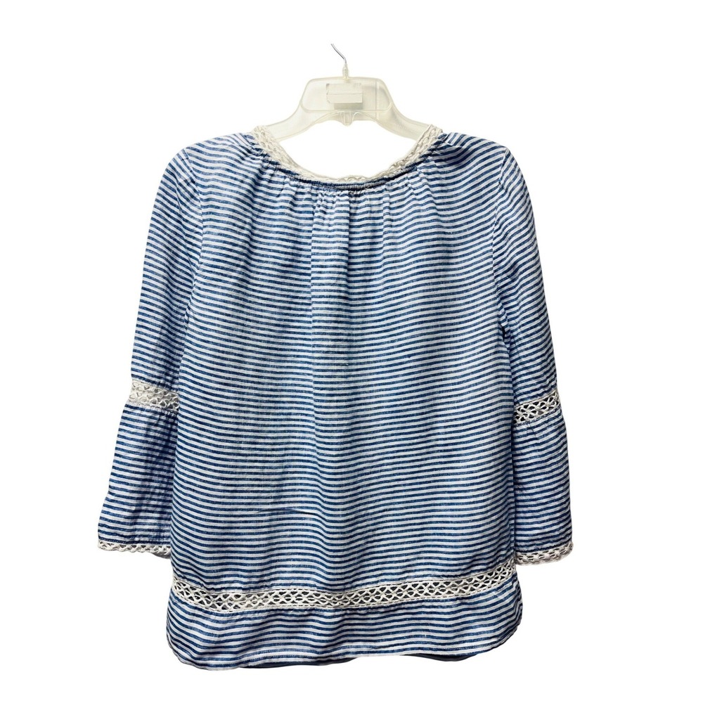 Chicos 2 (M 10-12) Blue Linen Blouse Striped Crochet Nautical Coastal Boho Fairy - Picture 2 of 4